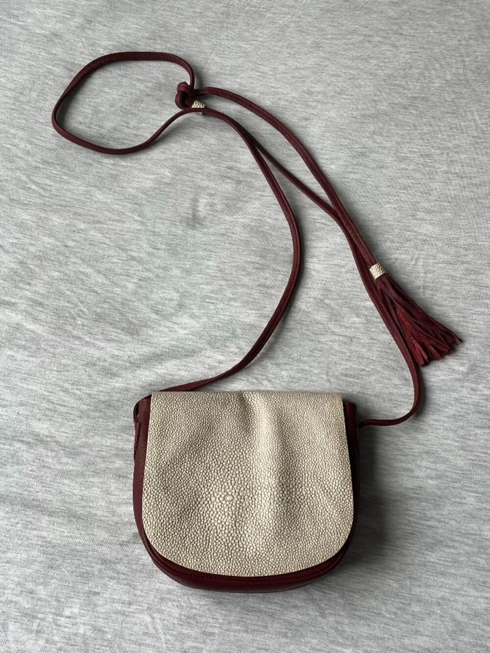 Burgundy & Cream Textured Flap Mini Crossbody Bag Tassel